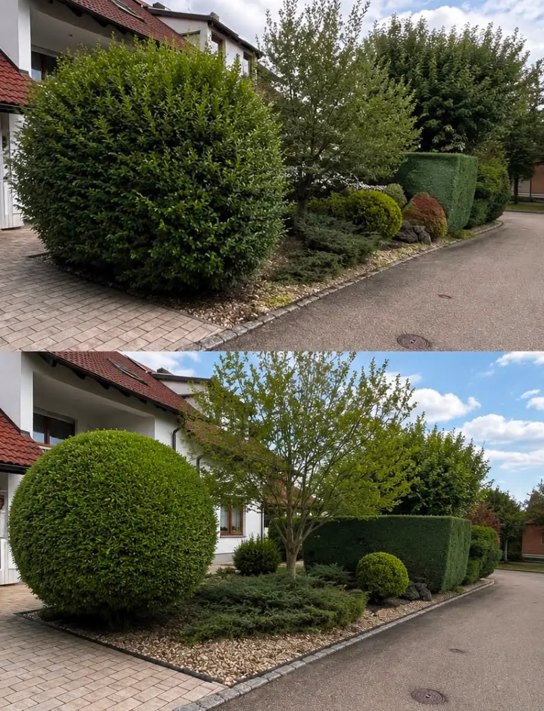 Dieselbe Hecke vor und nach dem Schnitt, zwei Fotos übereinander